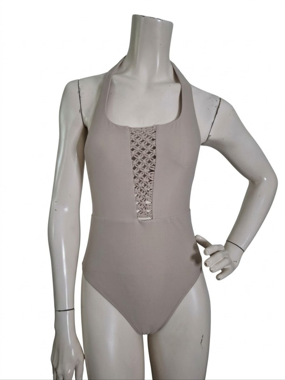 Aerie Macrame Plunge Halter One-Piece Swimsuit Tan Taupe Boho S